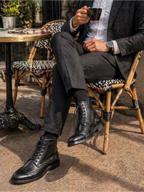 Stafford Black Leather Wingtip Boots Mens 8.5M Lace Up Dress Ankle